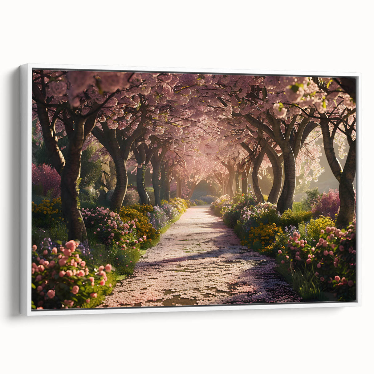 Framed canvas wall art showcasing a serene landscape garden design with vibrant greenery and colorful flowers, displayed against a white background, ideal for home decor.