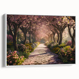 Framed canvas wall art showcasing a serene landscape garden design with vibrant greenery and colorful flowers, displayed against a white background, ideal for home decor.