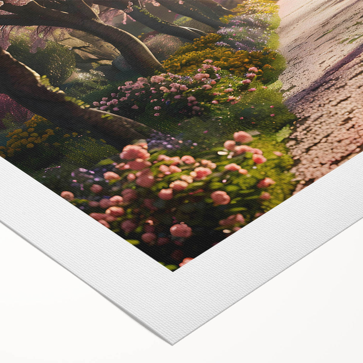 Rolled canvas showcasing a vibrant landscape garden design, featuring rich greens and blues, elegantly packaged in a protective cardboard tube for wall decor enthusiasts.