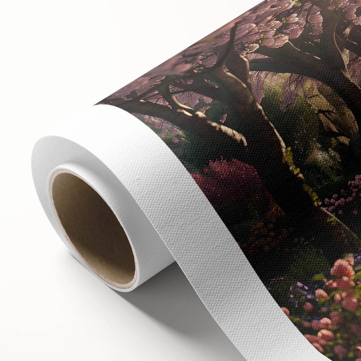 Rolled canvas art showcasing a serene landscape design, featuring lush greenery and vibrant colors, ideal for home decor. Packaged securely in a protective tube.