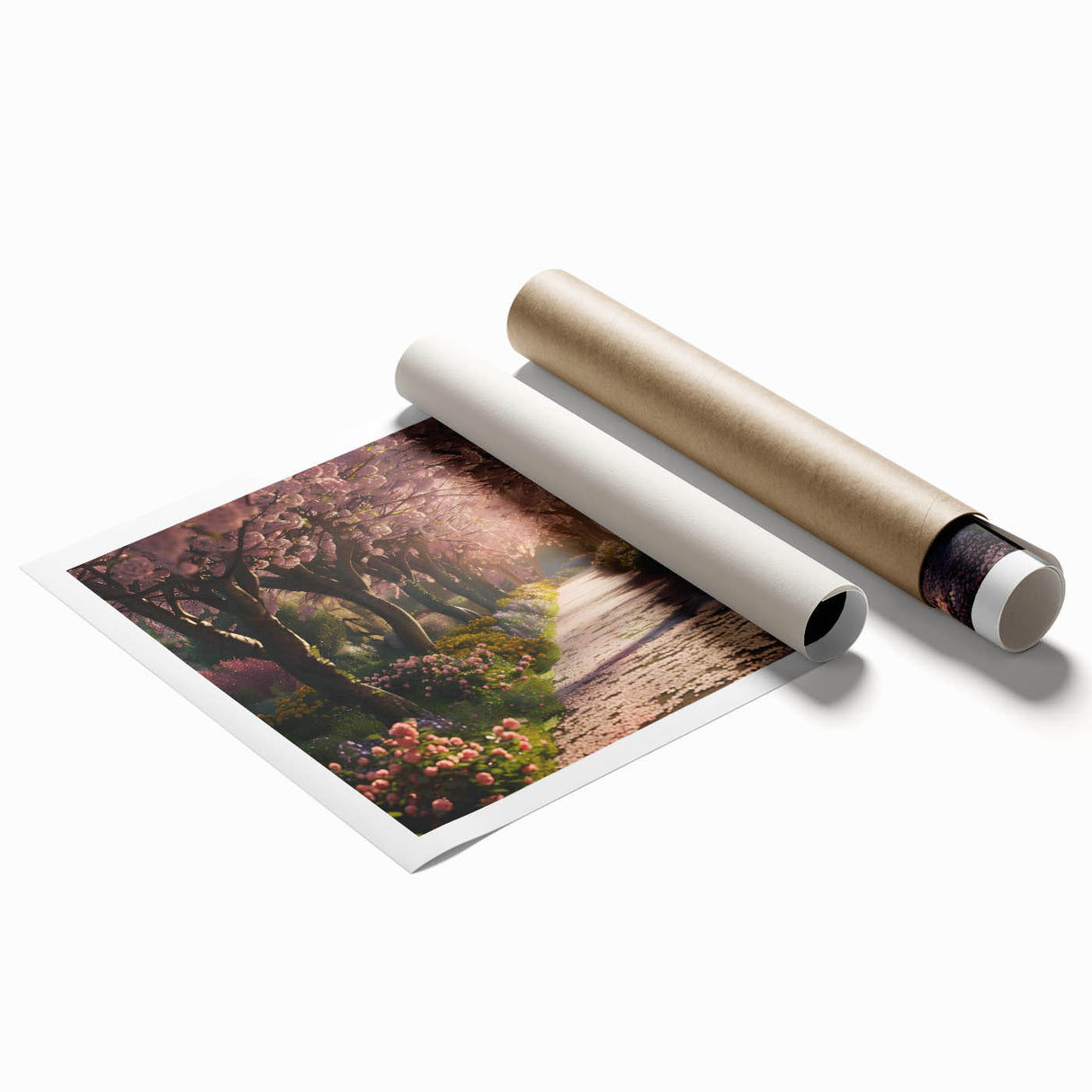 Rolled print of a vibrant landscape garden design, showcasing lush greenery and colorful flowers, perfect for home decor. Packaged securely in a cardboard tube for easy transport.
