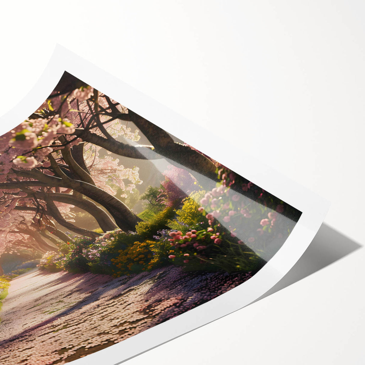 Colorful landscape garden wall art print showcasing vibrant floral designs and lush greenery, rolled and packaged securely in a protective tube for display.
