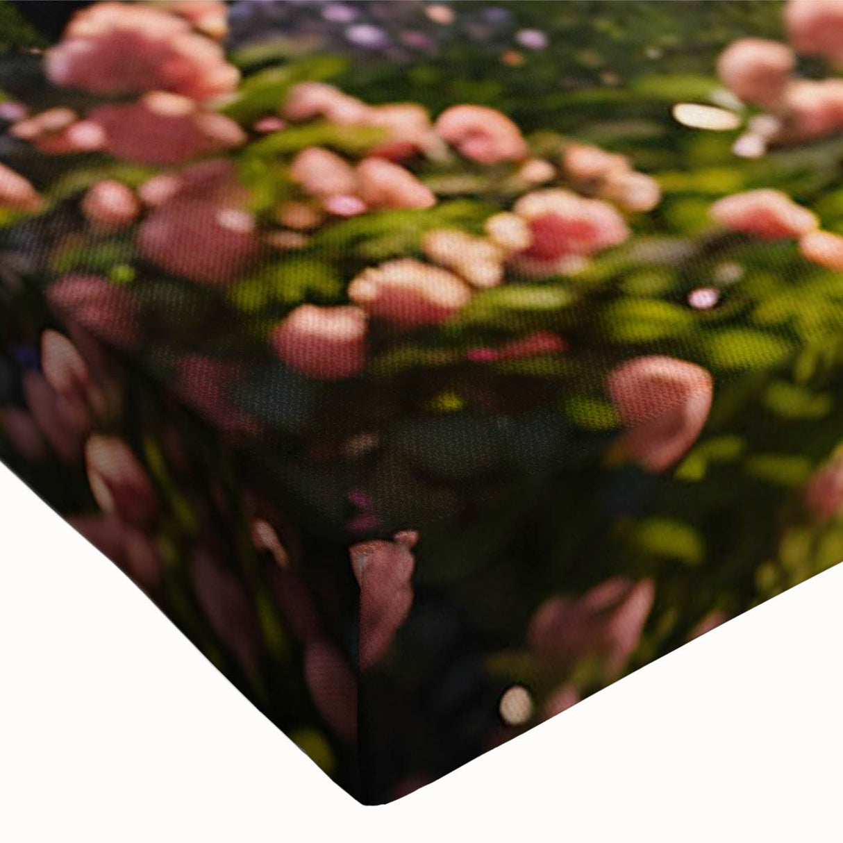 Close-up of a stretched canvas wall art piece showcasing a vibrant landscape garden design, featuring rich colors and intricate details ideal for home decor.