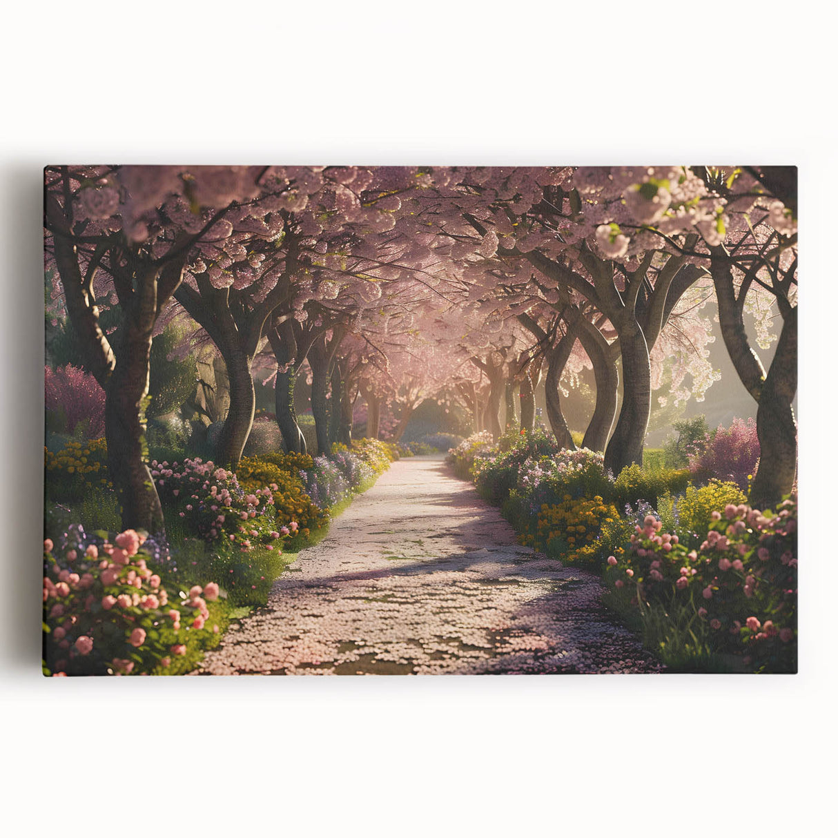 Stretched canvas wall art showcasing a vibrant landscape garden design, featuring lush greenery and colorful flowers, ideal for enhancing home decor aesthetics.