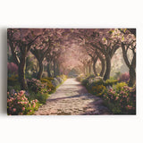 Stretched canvas wall art showcasing a vibrant landscape garden design, featuring lush greenery and colorful flowers, ideal for enhancing home decor aesthetics.