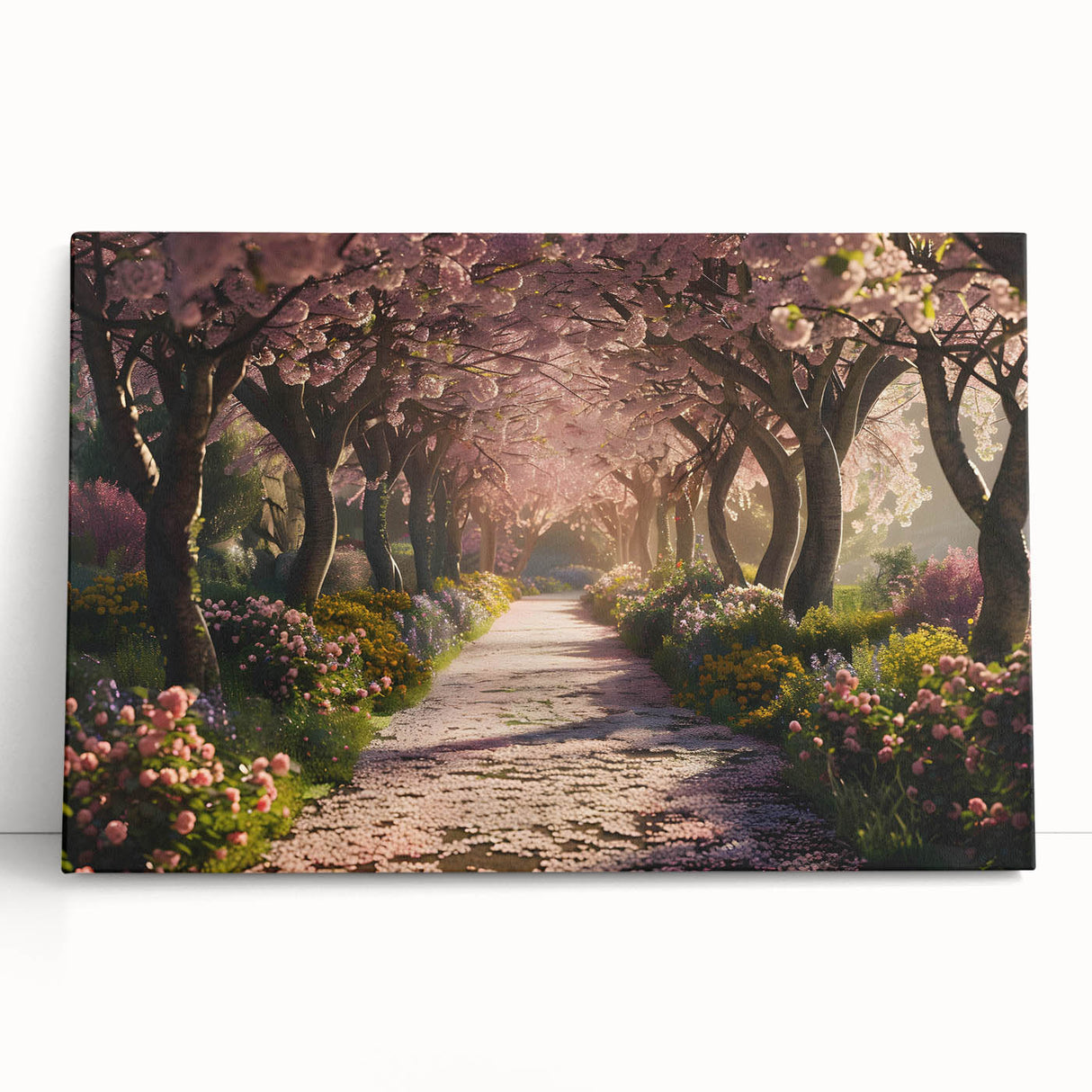 Stretched canvas artwork depicting a vibrant landscape garden design, showcasing rich greens and bright florals, ideal for home decor and aesthetic enhancement.