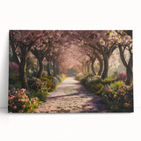 Stretched canvas artwork depicting a vibrant landscape garden design, showcasing rich greens and bright florals, ideal for home decor and aesthetic enhancement.