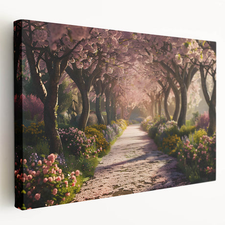 Stretched canvas wall art showcasing a vibrant landscape garden design with lush greenery and colorful flowers, perfect for home decor or office spaces.