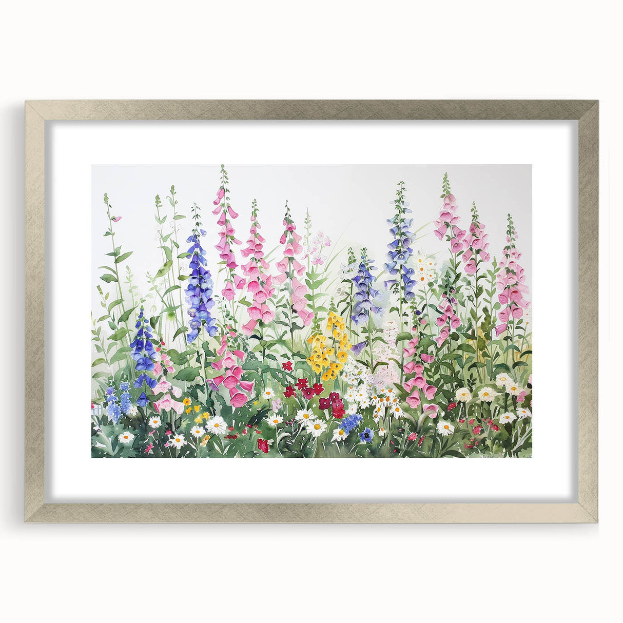 Framed wall art collection showcasing a vibrant landscape garden design, featuring a silver mat and frame, ideal for home decor and enhancing interior aesthetics.