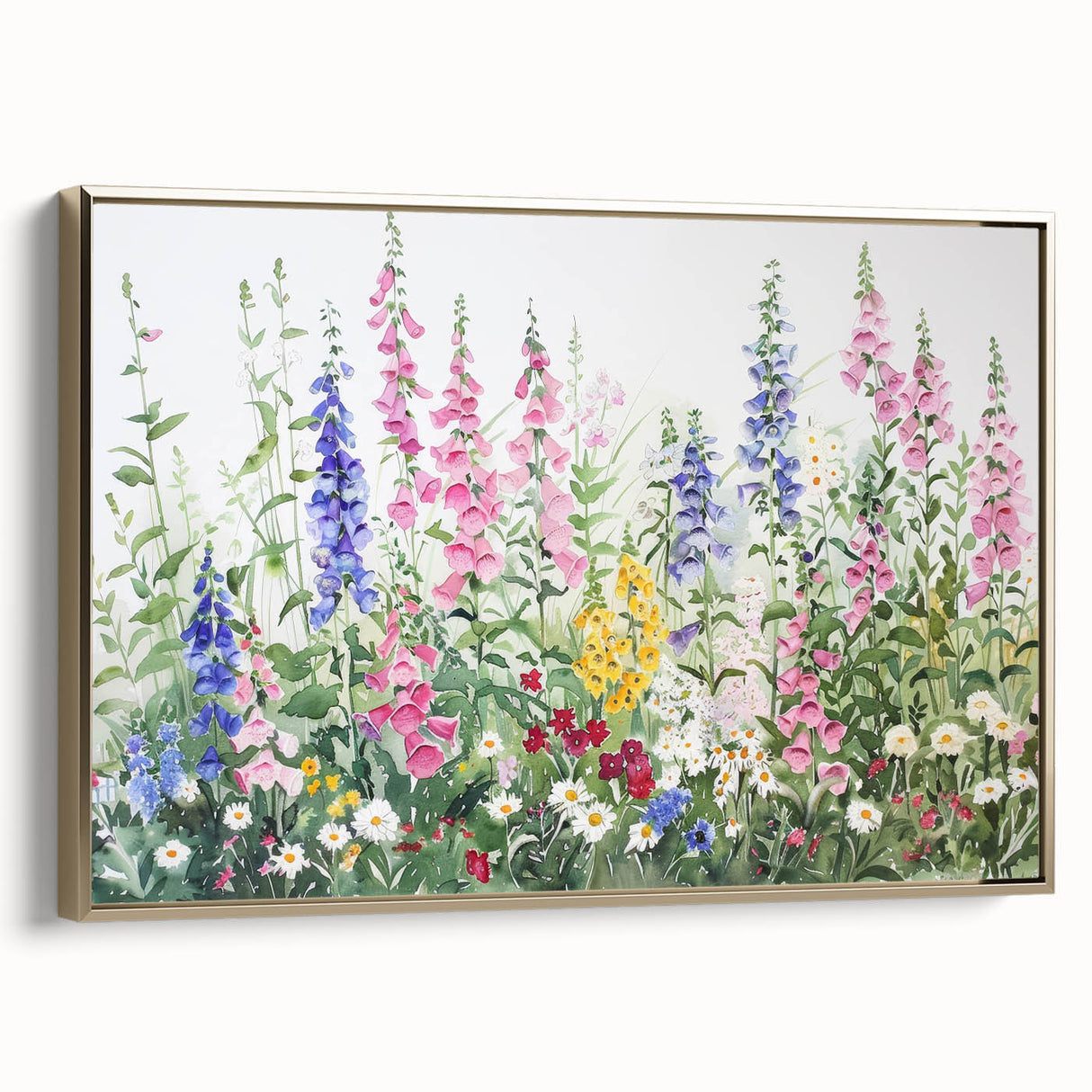 Framed canvas wall art showcasing a vibrant landscape garden design with gold accents, perfect for adding elegance to any home decor. The piece highlights lush greenery and colorful flowers, creating a serene and inviting atmosphere.