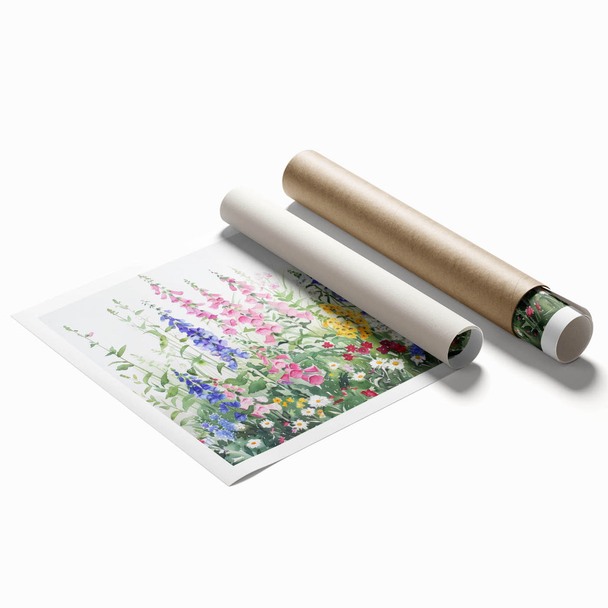Vibrant rolled print of a serene landscape garden design, showcasing lush greenery and colorful flowers, perfect for home decor. Packaged securely in a cardboard tube for easy transport.