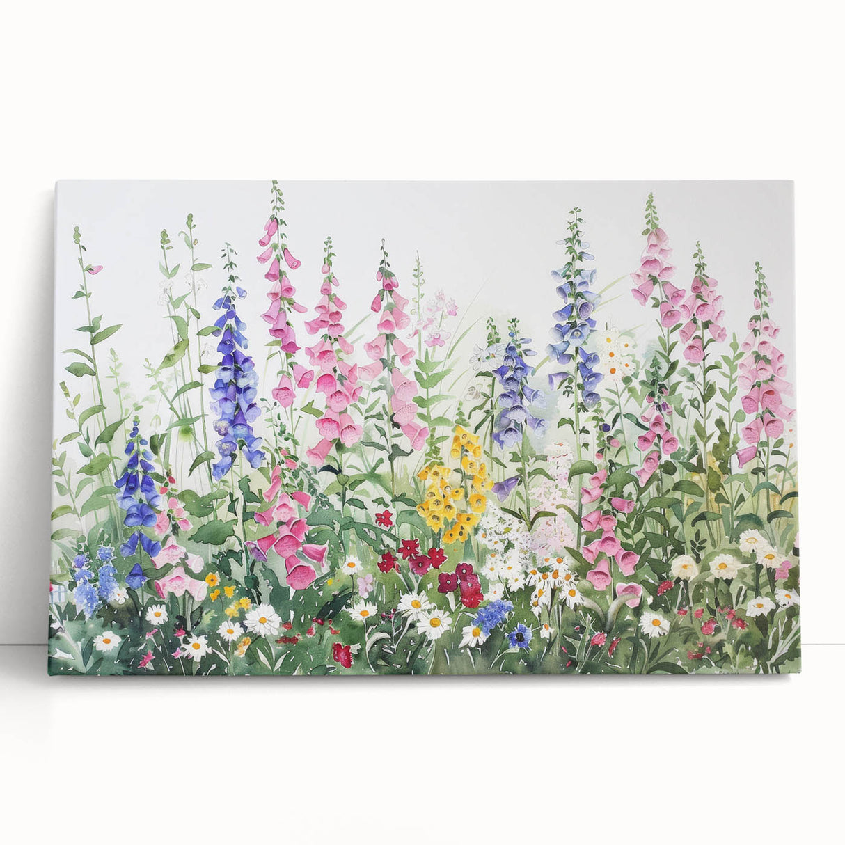 Stretched canvas wall art showcasing a vibrant landscape garden design, elegantly leaning against a neutral wall, enhancing home decor with natural beauty.