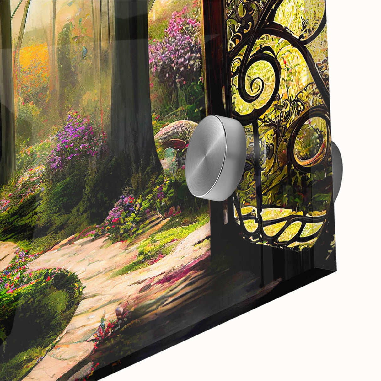 Close-up of a vibrant acrylic glass wall art piece showcasing a lush landscape garden design, featuring rich greens and soft blues, perfect for home decor.
