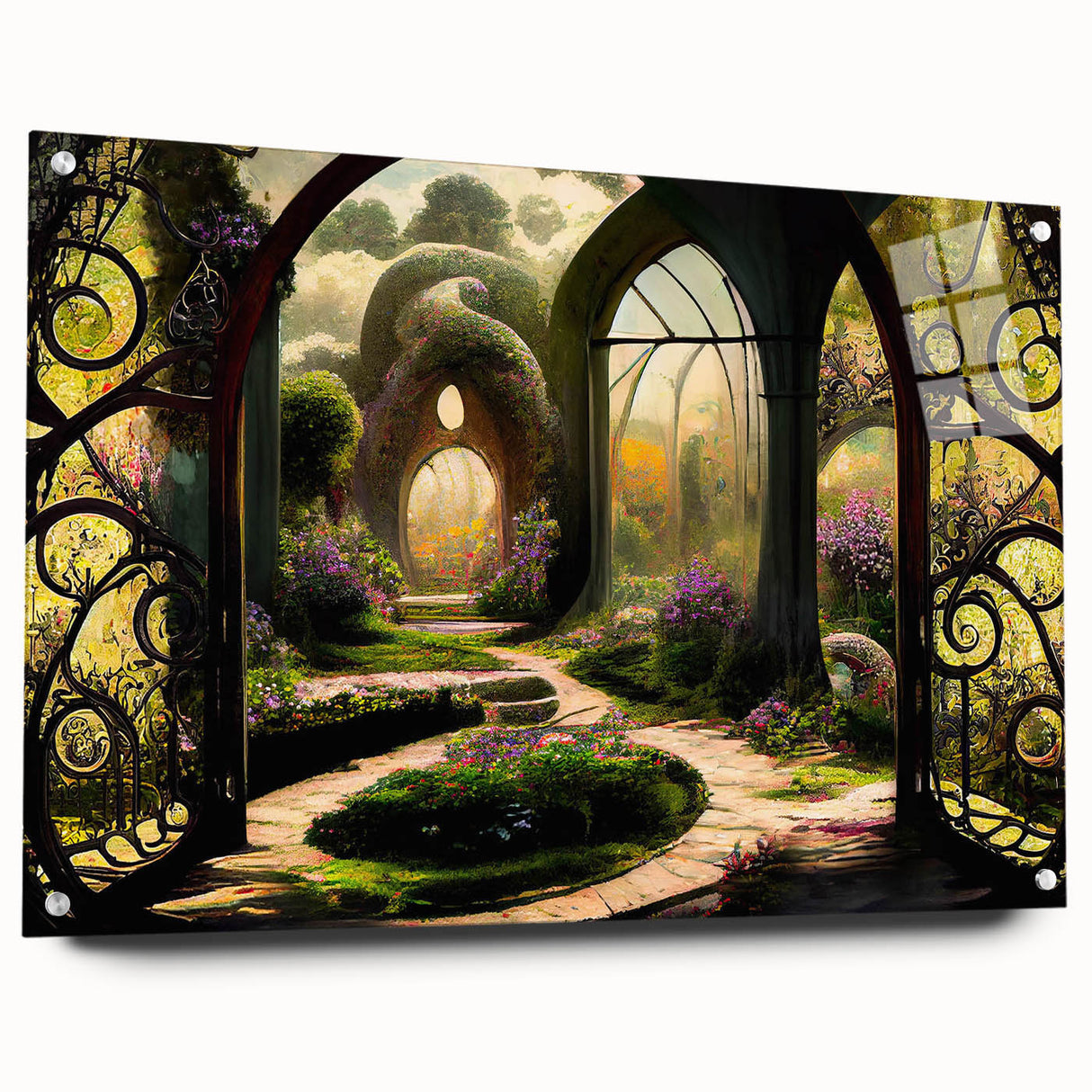 Acrylic glass wall art featuring a vibrant landscape garden design, showcasing lush greenery and colorful flowers, elegantly mounted with visible pins for a modern touch.