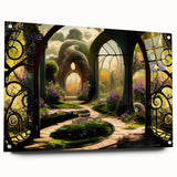 Acrylic glass wall art featuring a vibrant landscape garden design, showcasing lush greenery and colorful flowers, elegantly mounted with visible pins for a modern touch.