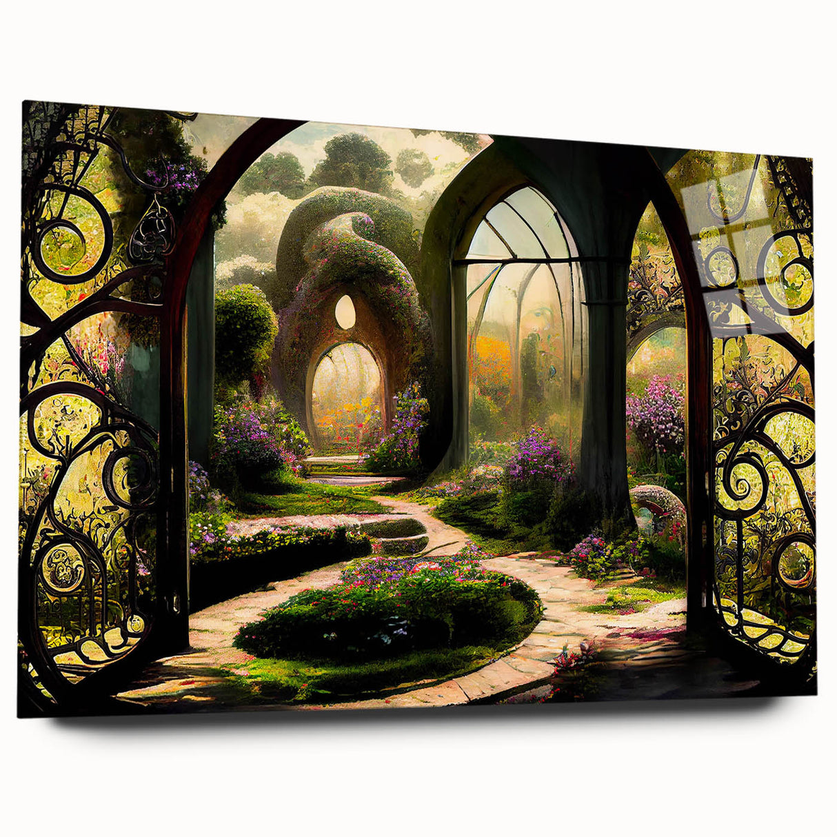Acrylic glass wall art collection showcasing a vibrant landscape and garden design in a side view, emphasizing rich colors and intricate details, ideal for home decor.
