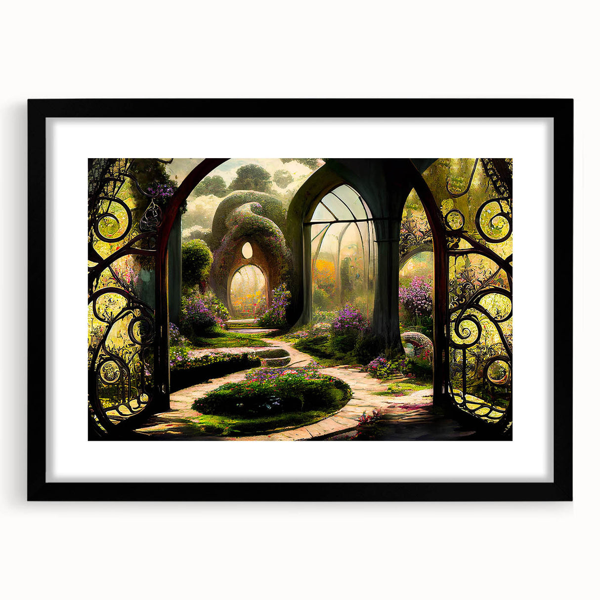 Framed wall art showcasing a vibrant landscape garden design, featuring a black mat and sleek frame, ideal for enhancing home decor aesthetics.