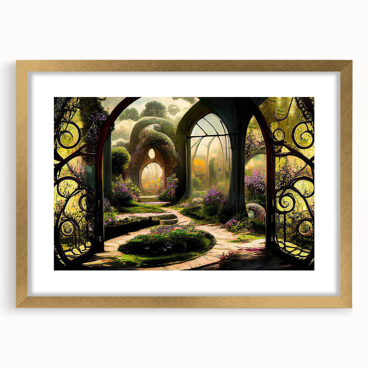 Elegant framed wall art featuring a serene landscape design with lush greenery and vibrant flowers, accented by a gold mat, perfect for enhancing home décor.