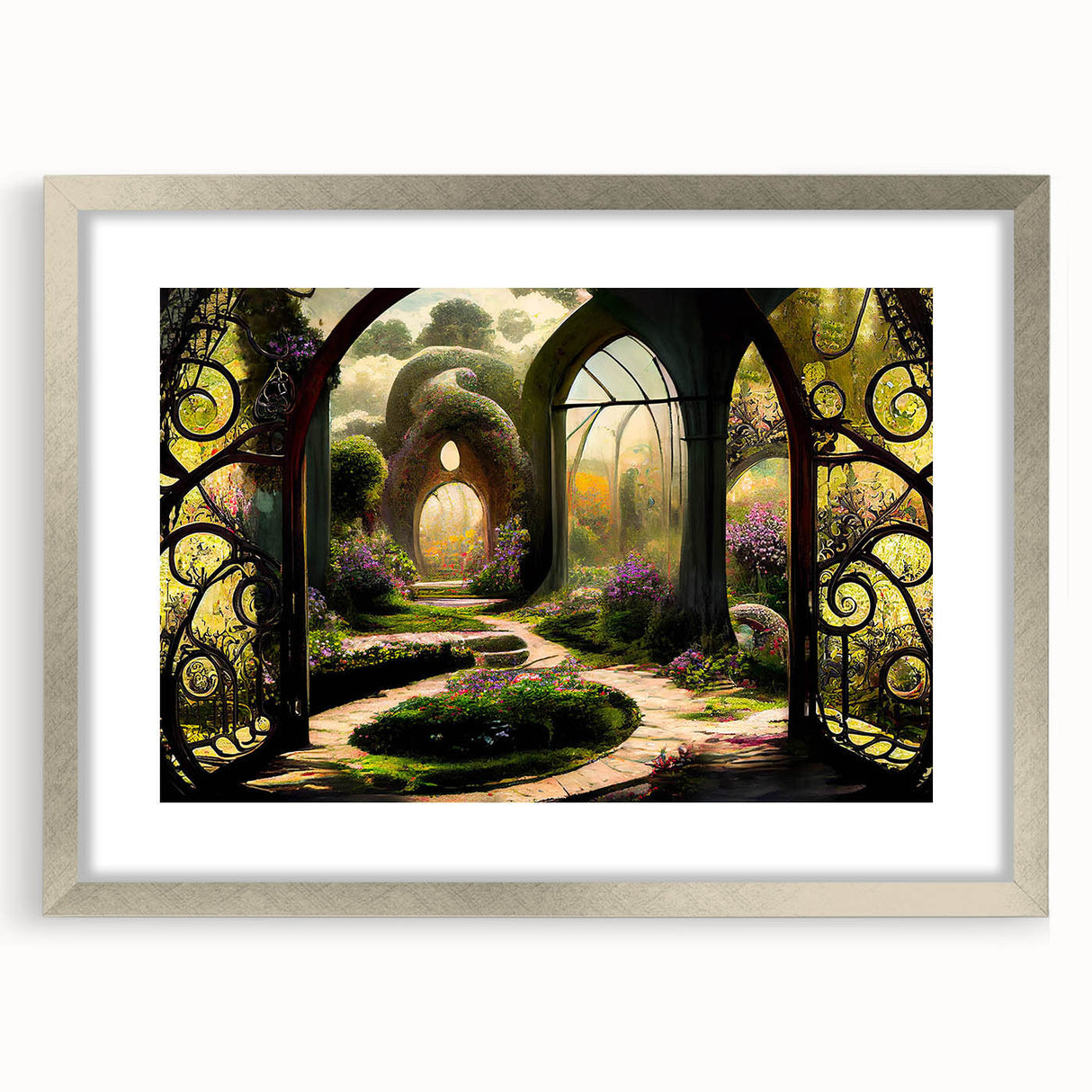 Framed wall art print showcasing a vibrant landscape garden design, featuring a silver mat and frame, ideal for home decor to enhance interior aesthetics.