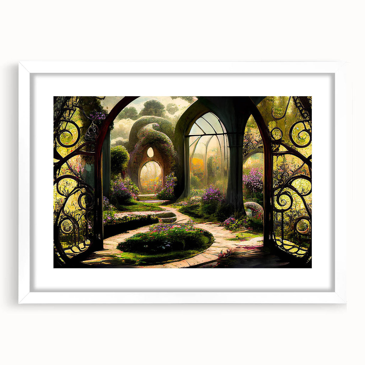 Framed wall art featuring a serene landscape garden design, presented in a white mat with a front view display, perfect for home decor and nature-inspired aesthetics.
