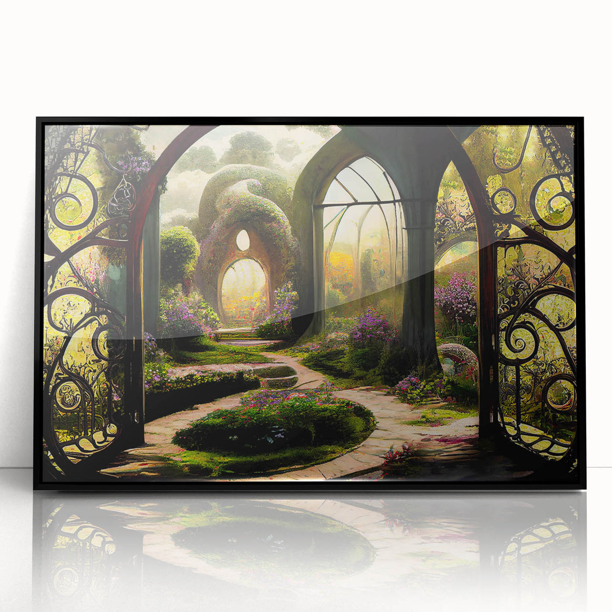 Framed acrylic wall art showcasing a vibrant landscape design with lush greenery and colorful flowers, set against a sleek black frame, ideal for home decor.