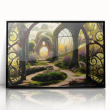Framed acrylic wall art showcasing a vibrant landscape design with lush greenery and colorful flowers, set against a sleek black frame, ideal for home decor.