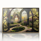 Framed acrylic wall art showcasing a vibrant landscape garden design in gold tones, perfect for enhancing modern home decor with elegance and style.