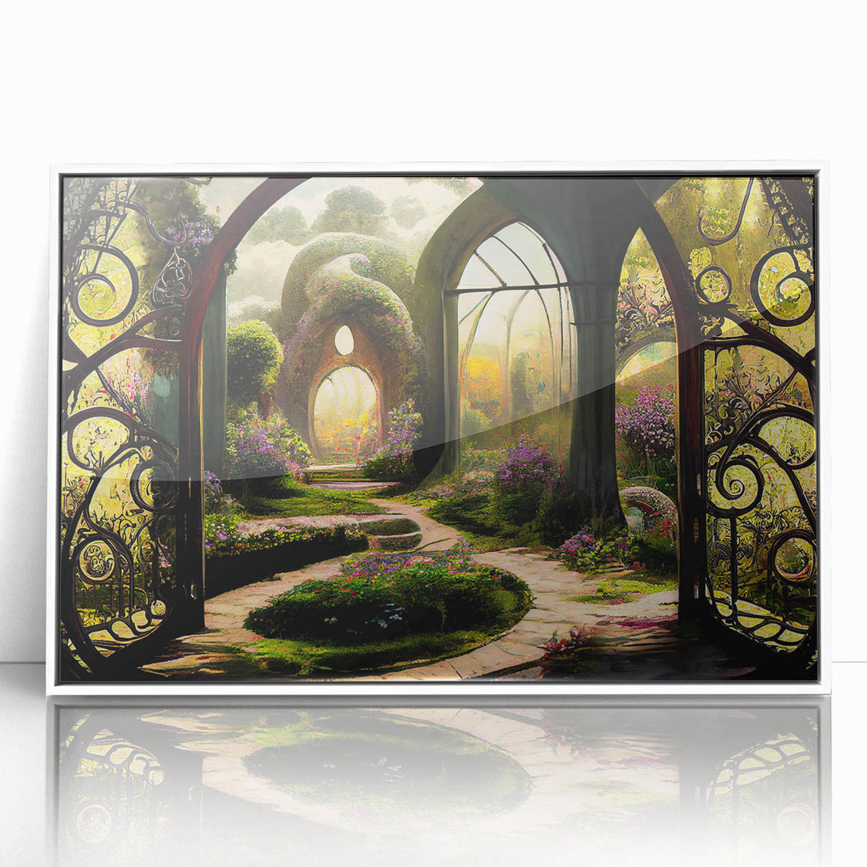 Framed wall art collection showcasing a vibrant landscape garden design in acrylic format, featuring a white frame that enhances its colorful details and texture, perfect for home decor.