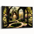 Framed canvas wall art showcasing a vibrant landscape garden design with rich colors and intricate details, displayed from a black side view, ideal for home decor.
