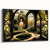 Framed canvas wall art showcasing a vibrant landscape garden design with rich colors and intricate details, displayed from a black side view, ideal for home decor.