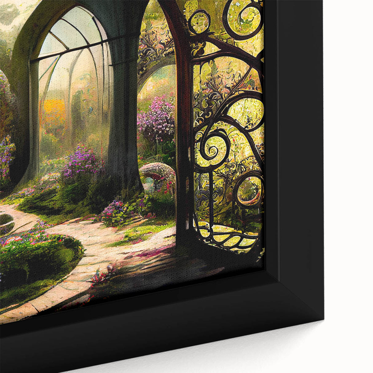 Framed canvas close-up showcasing a vibrant landscape garden design, featuring lush greenery and colorful flowers, ideal for adding a touch of nature to home decor.