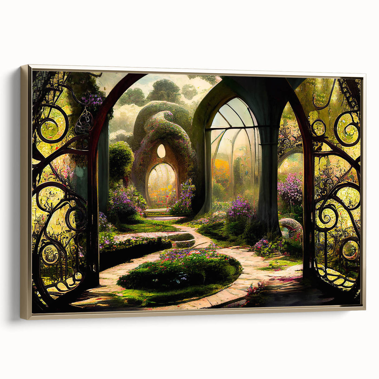 Framed wall art showcasing a vibrant landscape garden design with rich colors and intricate details, elegantly displayed with a gold frame, enhancing any interior decor.