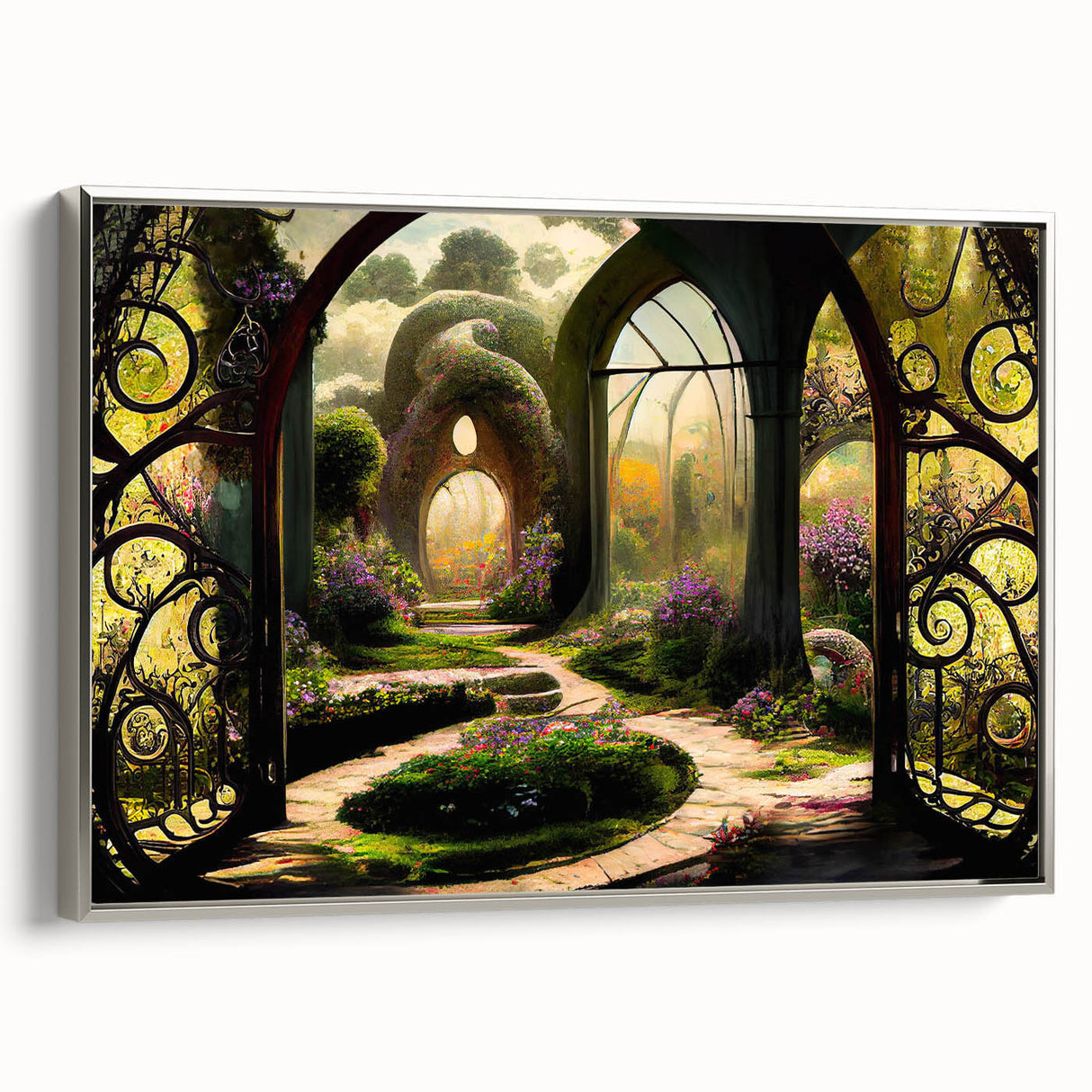Framed canvas wall art showcasing a stunning landscape design with vibrant colors and intricate details, featuring a sleek silver frame that enhances the artwork, perfect for modern home decor.