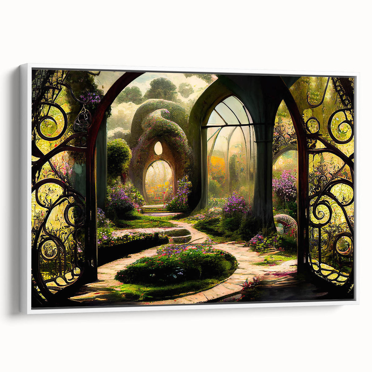 Framed canvas wall art showcasing a beautiful landscape design with vibrant colors and intricate details, displayed against a white background, perfect for enhancing home decor.