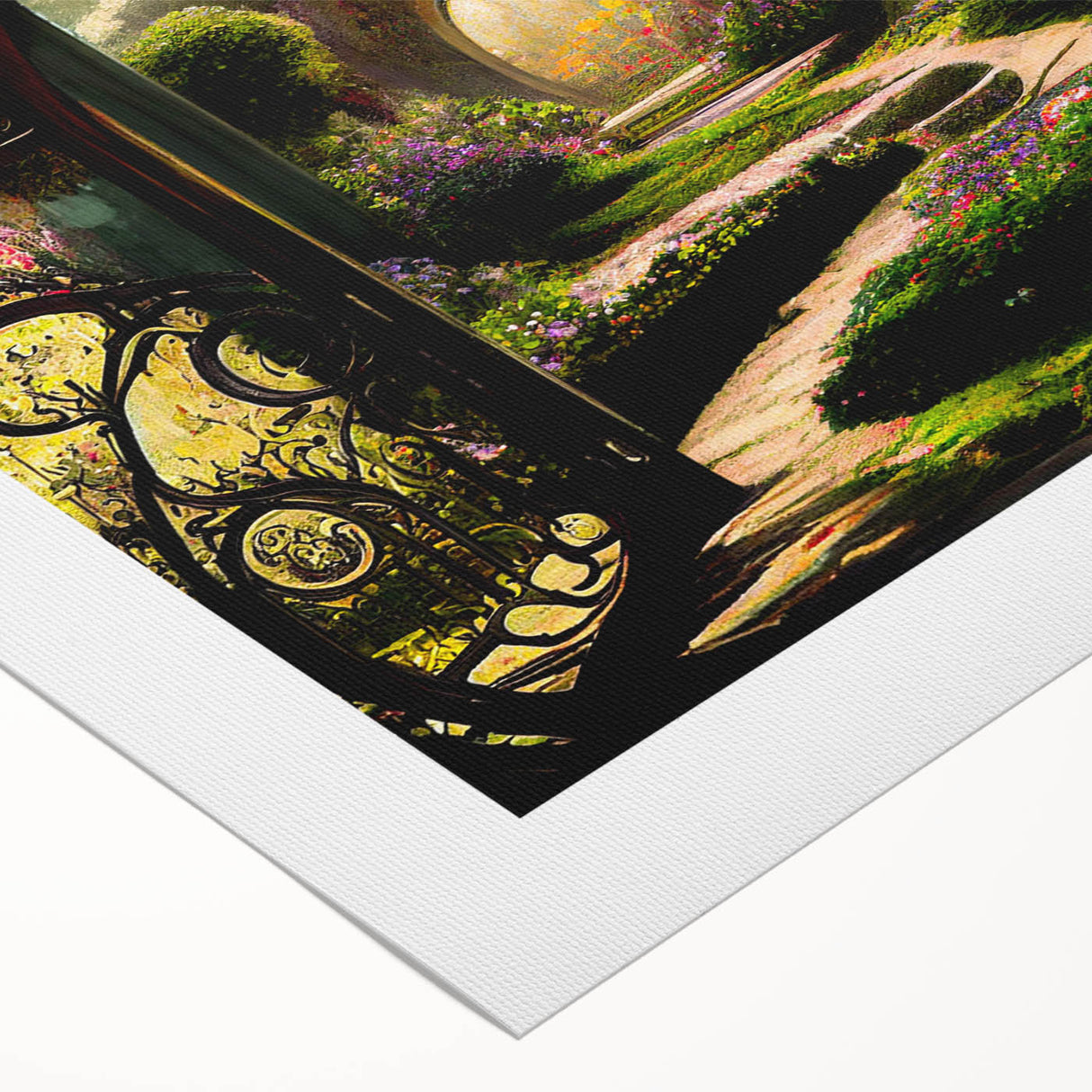 Vibrant rolled canvas depicting a serene landscape garden design with lush greenery and colorful flowers, ideal for enhancing interior decor and creating a calming atmosphere.