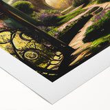 Vibrant rolled canvas depicting a serene landscape garden design with lush greenery and colorful flowers, ideal for enhancing interior decor and creating a calming atmosphere.