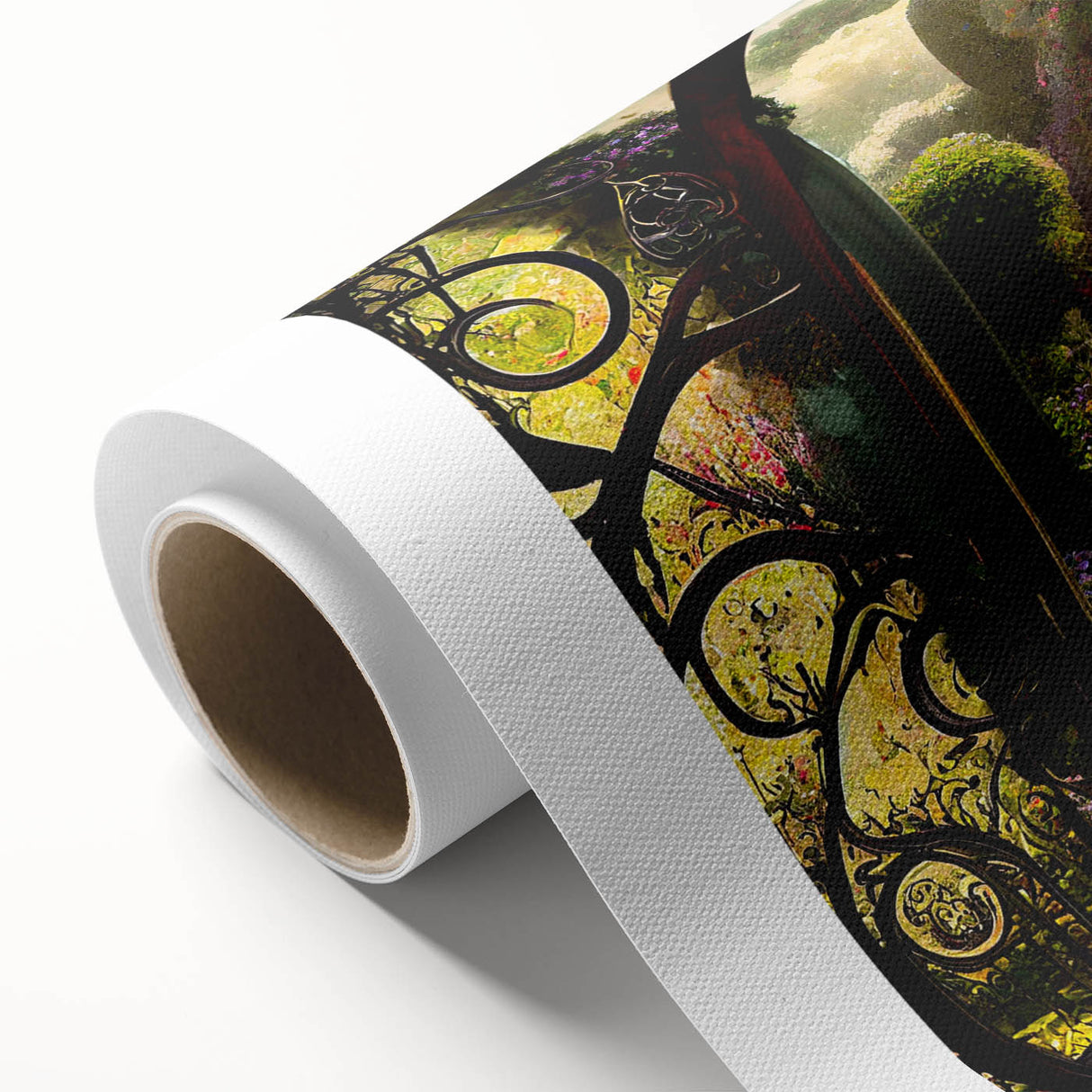 Rolled canvas artwork showcasing a vibrant garden landscape design, featuring lush greenery and colorful flowers, perfect for home decor or office settings. The canvas is elegantly rolled for easy display and transport, adding a touch of nature-inspired beauty to any space.
