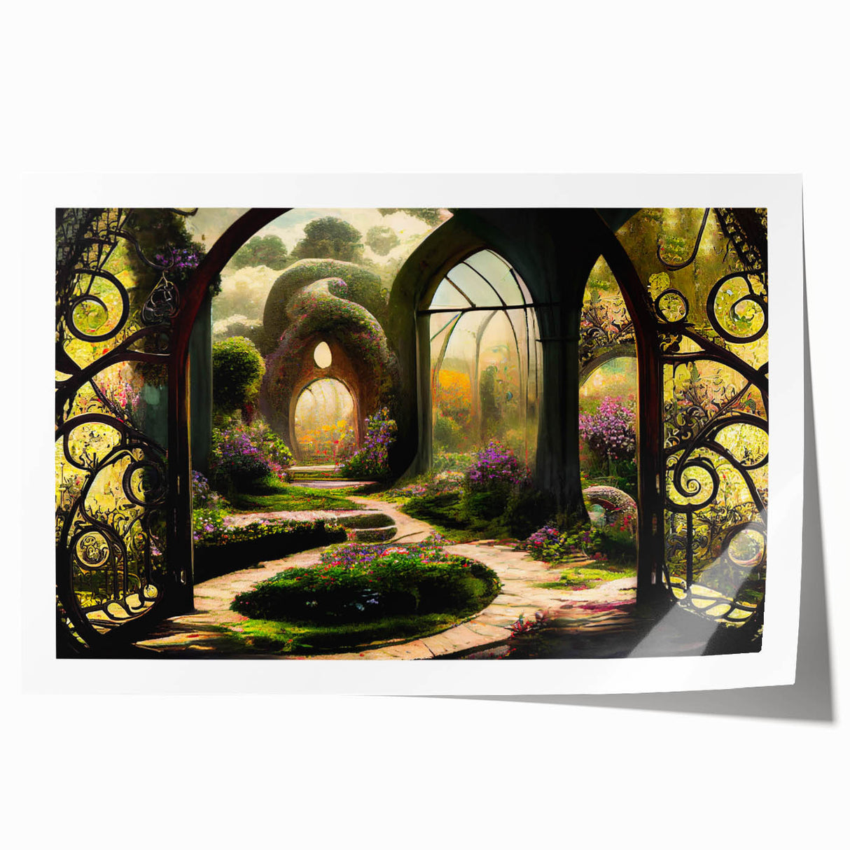 Vibrant rolled print of a serene landscape garden design, showcasing lush greenery and blooming flowers, perfect for home decor, packaged securely in a protective tube.
