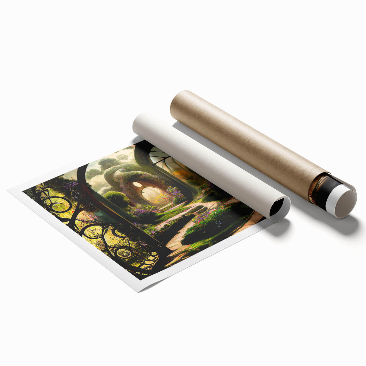 Vibrant rolled print of a garden landscape design, showcasing lush greenery and colorful flowers, perfect for home decor or art collection.
