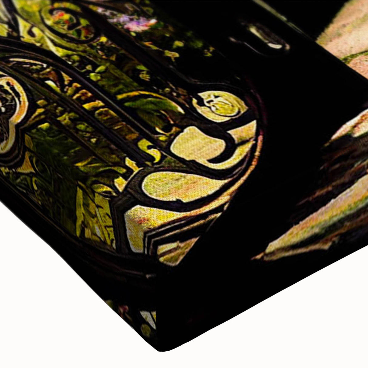 Close-up of a vibrant stretched canvas showcasing a colorful landscape garden design, emphasizing intricate details and textures, ideal for home decor enhancement.