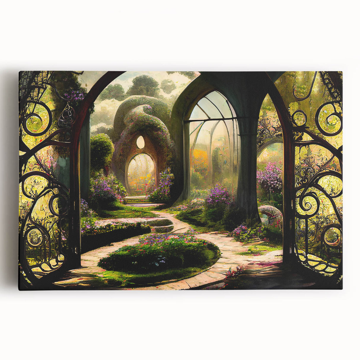 Stretched canvas wall art showcasing a vibrant landscape garden design with rich colors and intricate details, perfect for enhancing interior spaces.
