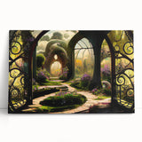 Stretched canvas artwork showcasing a vibrant landscape garden design, featuring lush greenery and colorful flowers, ideal for enhancing home decor.