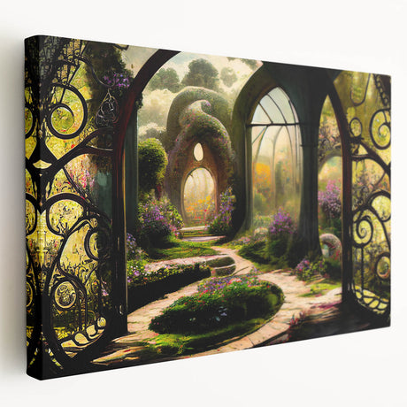 Stretched canvas wall art showcasing a vibrant garden landscape design, featuring lush greenery and colorful flowers, perfect for home decor and enhancing interior spaces.