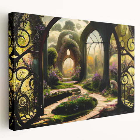 Stretched canvas wall art showcasing a vibrant garden landscape design, featuring lush greenery and colorful flowers, perfect for home decor and enhancing interior spaces.