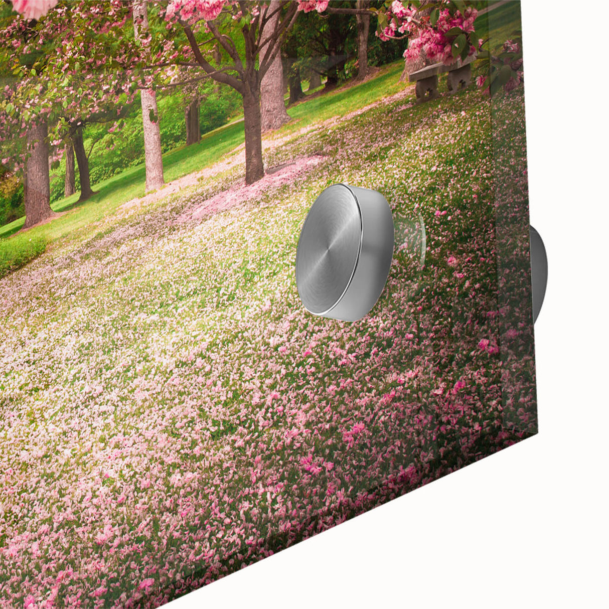 Close-up of a vibrant acrylic wall art piece showcasing an abstract garden landscape design, featuring rich colors and intricate details, perfect for home decor.