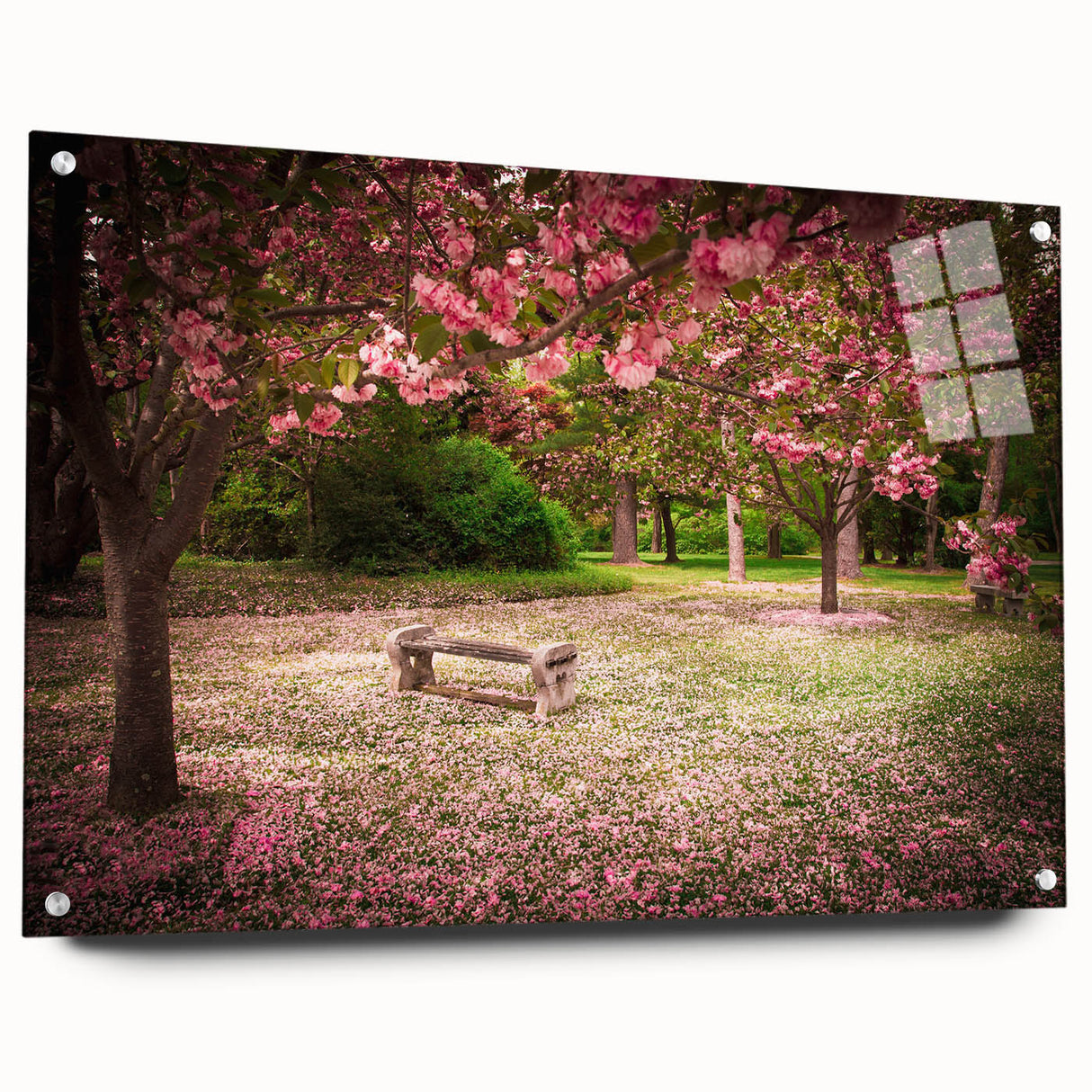 Acrylic wall art collection showcasing a vibrant landscape garden design, viewed from the side with decorative pins, perfect for modern home decor accents.