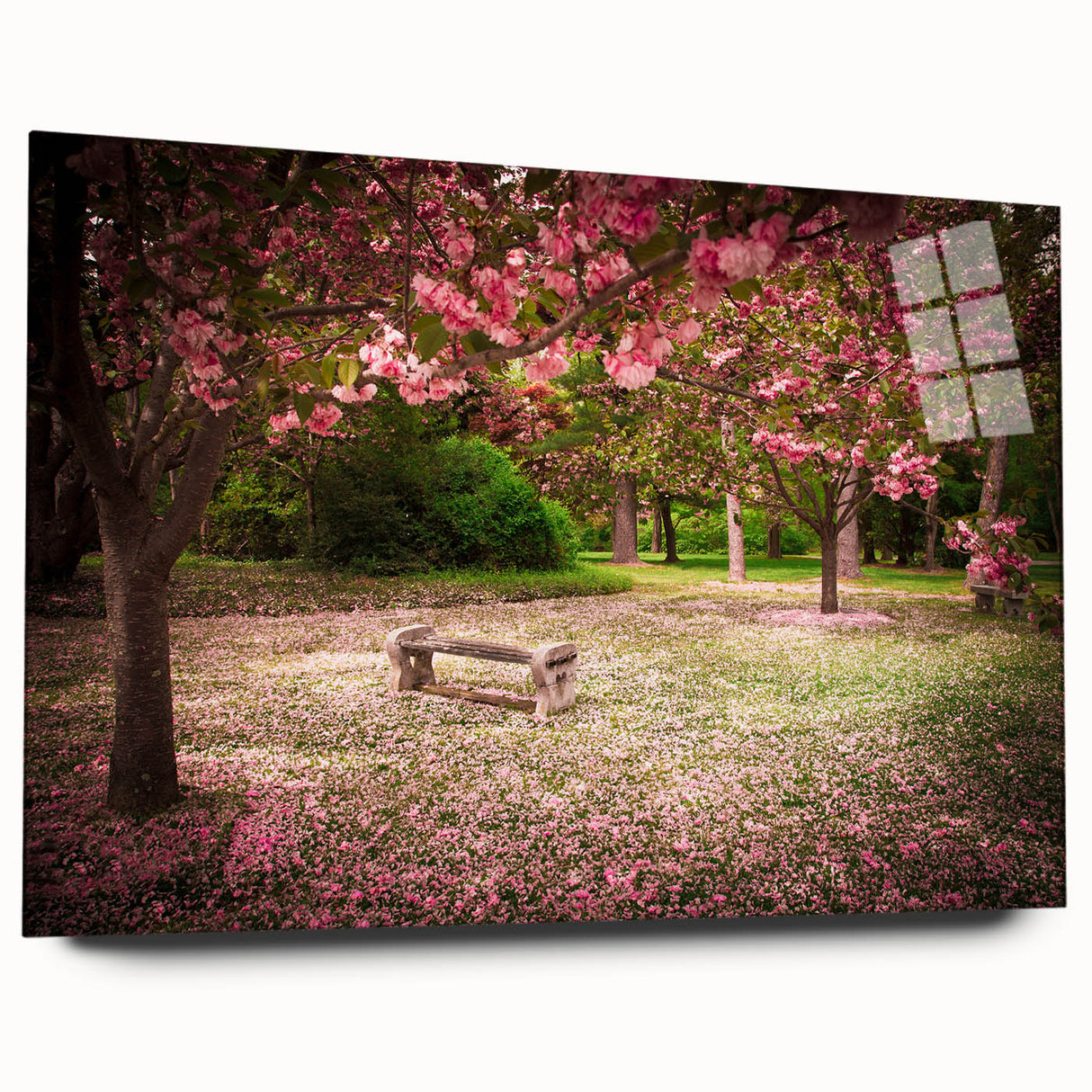 Acrylic glass wall art displaying a vibrant landscape garden design, showcasing vivid colors and intricate details, perfect for enhancing modern interior decor.