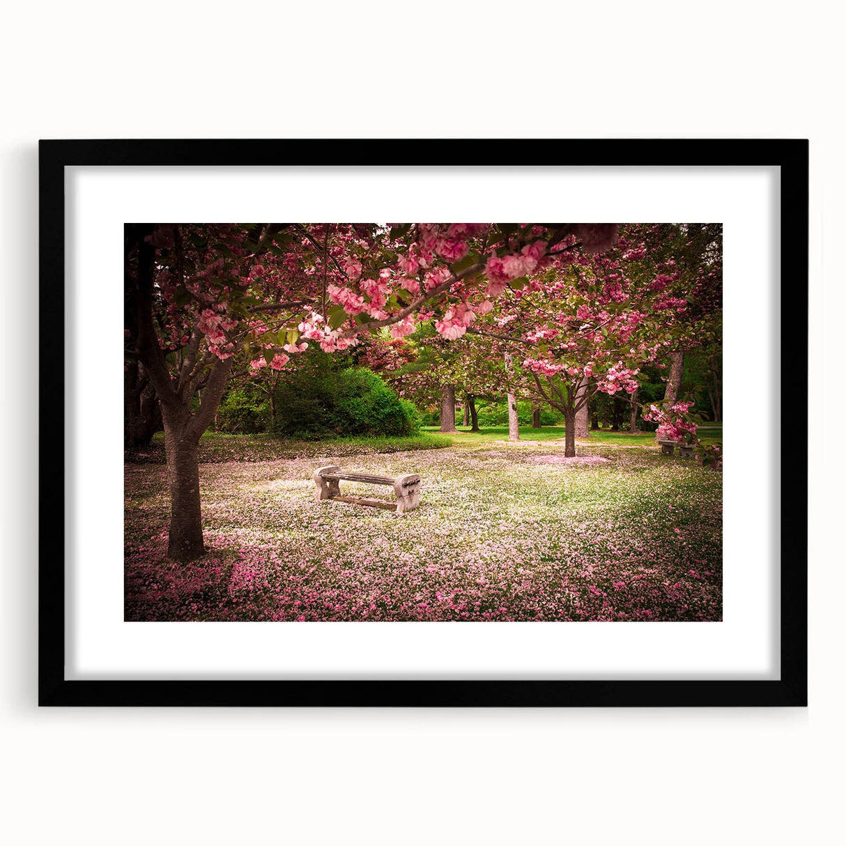 Framed black wall art featuring an elegant landscape garden design, complete with a white mat. Ideal for enhancing home decor with a modern aesthetic.