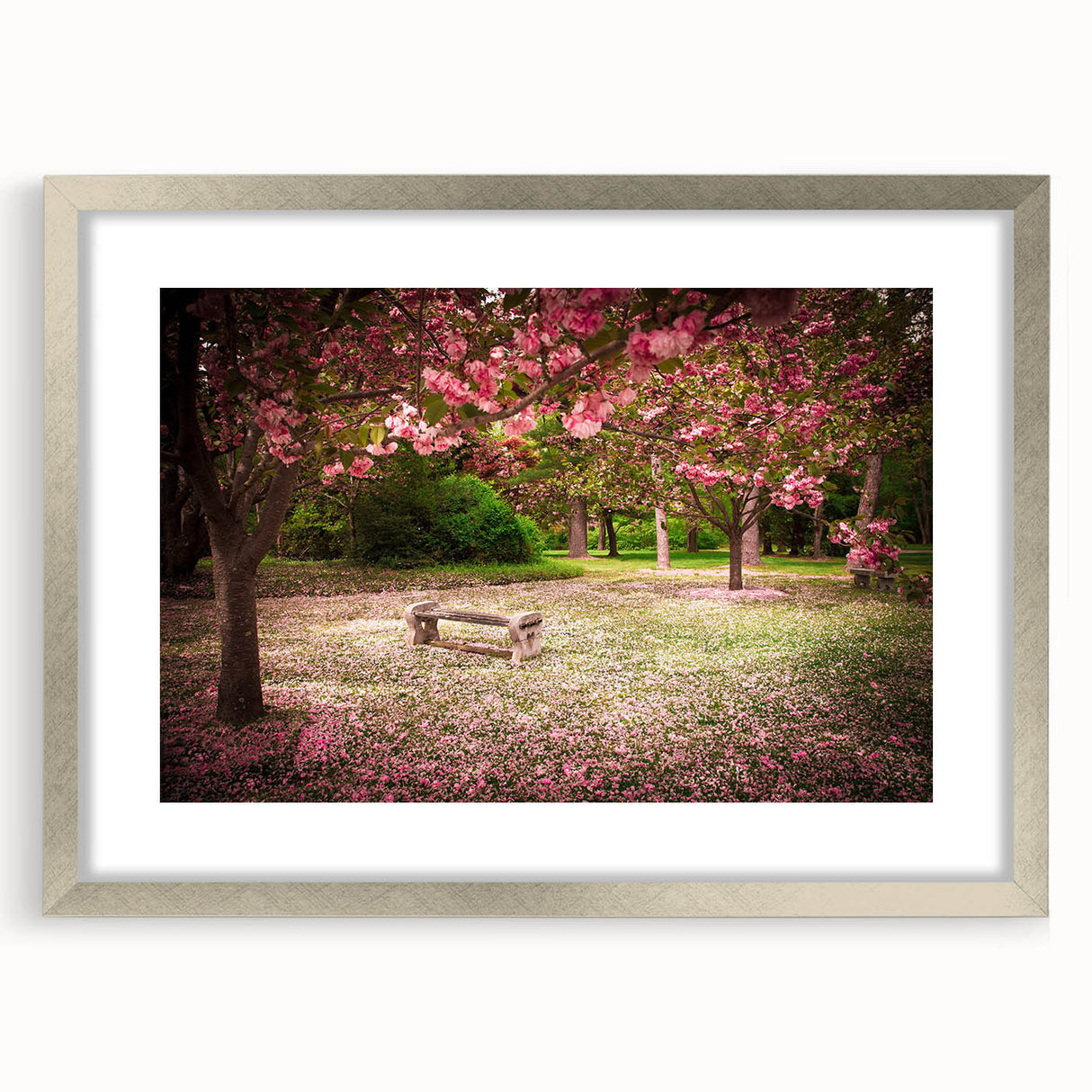 Framed wall art piece showcasing a serene landscape garden design with a silver mat, perfect for enhancing home decor in modern or traditional settings.