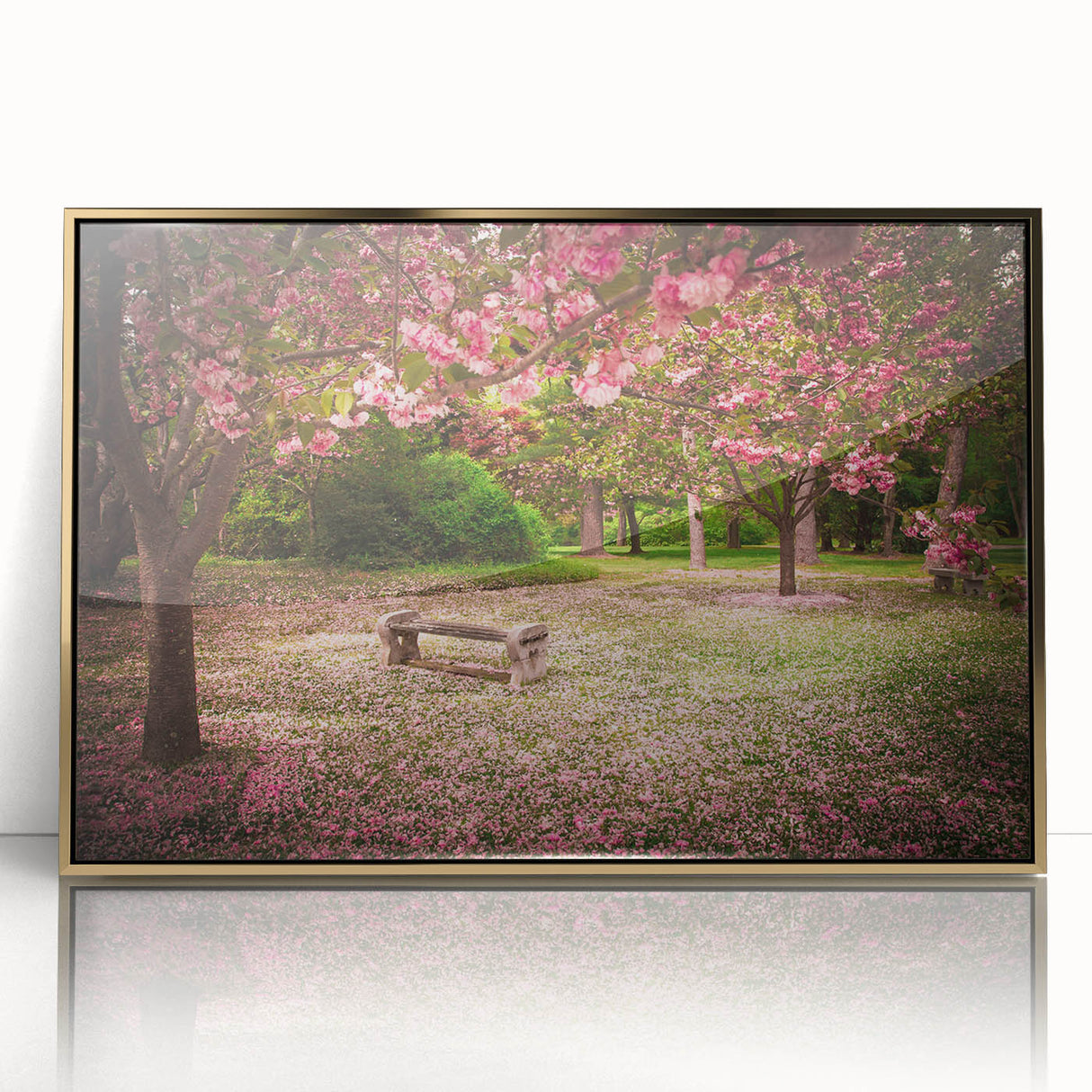 Framed acrylic wall art showcasing a vibrant landscape garden design with gold accents, ideal for enhancing home decor and adding elegance to any room.